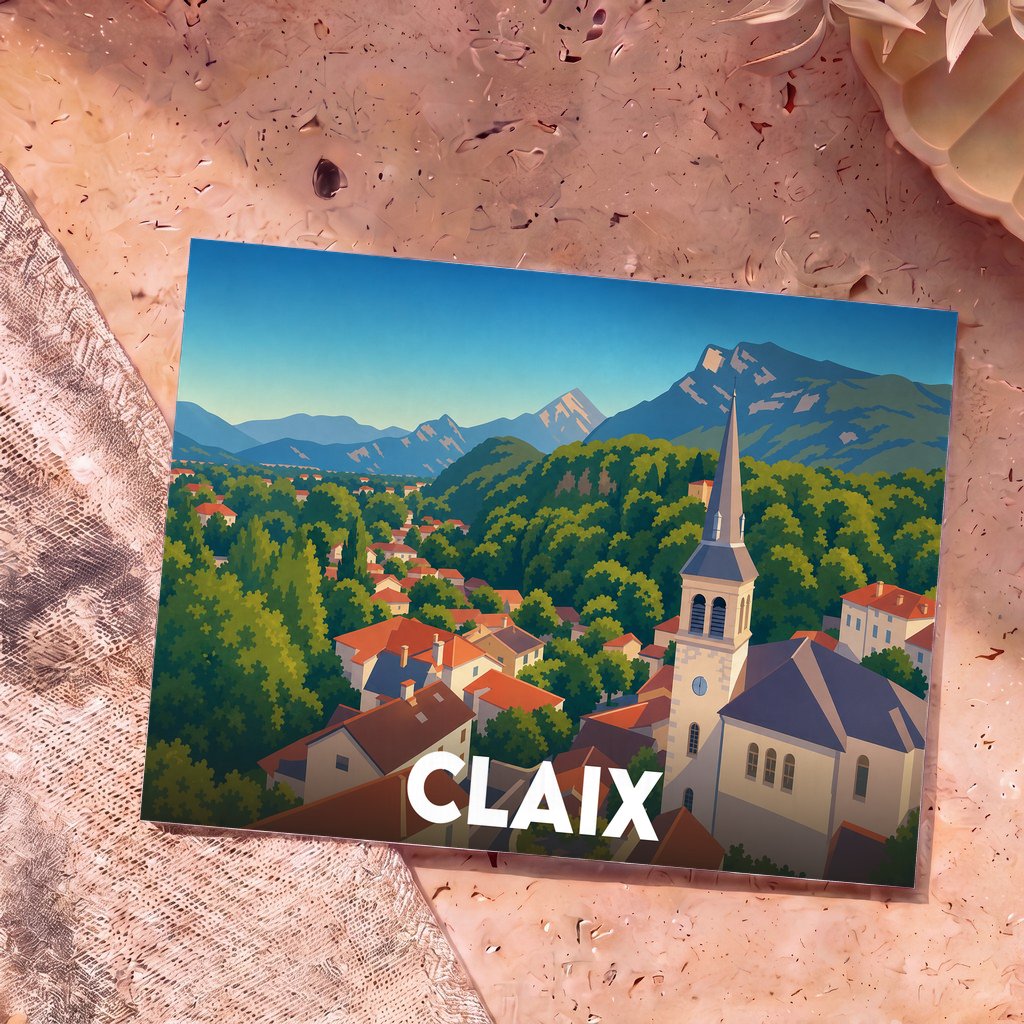 Carte postale souvenir de la ville de Claix présentant une illustration stylisée de son église et des montagnes environnantes.