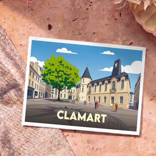 Carte postale souvenir de la ville de Clamart avec une illustration stylisée de sa place de la mairie.