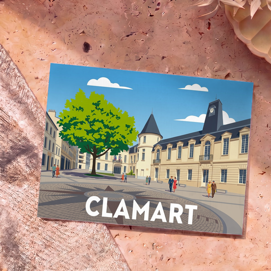 Carte postale souvenir de la ville de Clamart présentant une illustration stylisée de sa place de l'Hôtel de Ville.