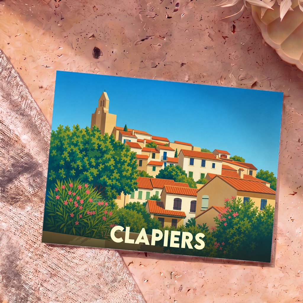 Carte postale souvenir de la ville de Clapiers avec une illustration stylisée d'un village perché.