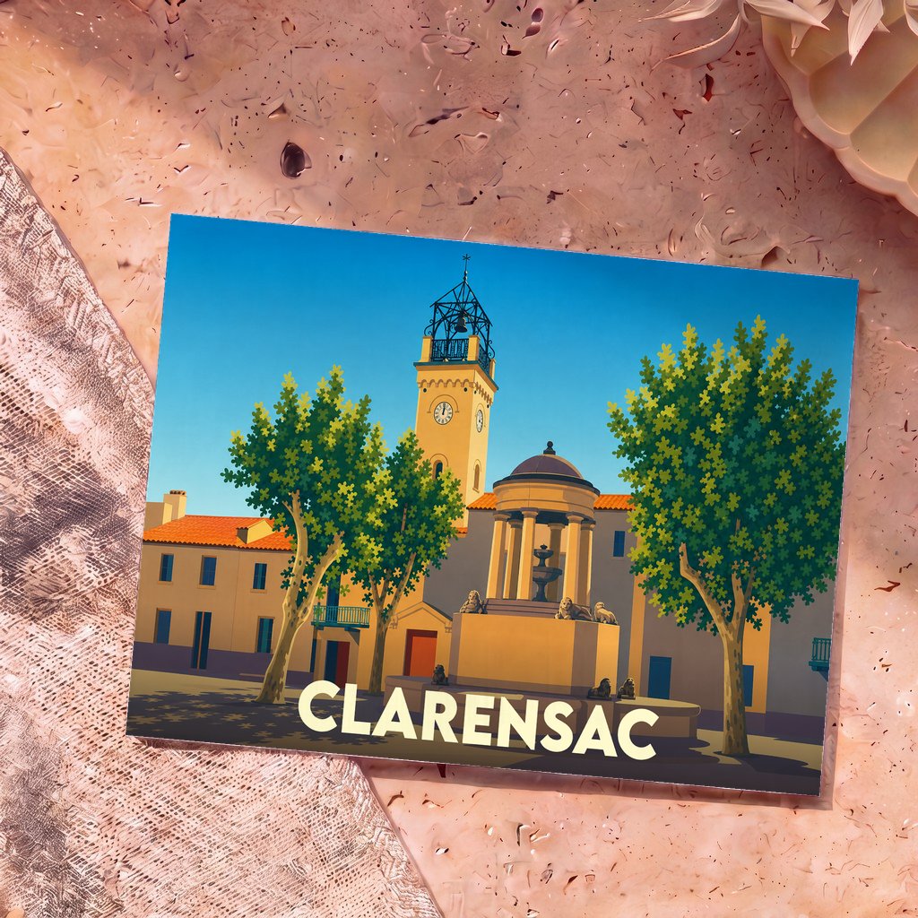 Carte postale souvenir de la ville de Clarensac avec une illustration stylisée de sa place et de son clocher.