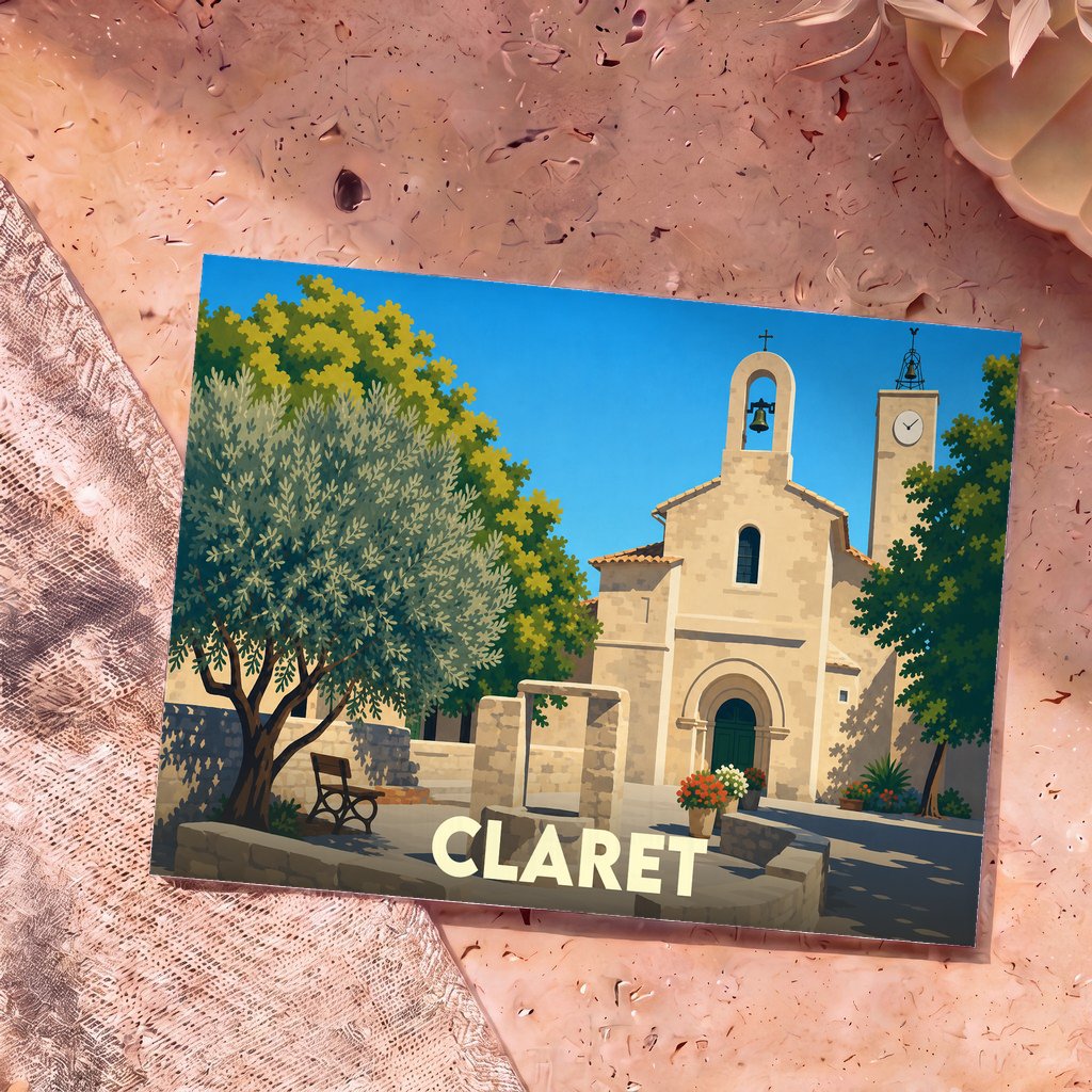 Carte postale souvenir de la ville de Claret avec une illustration stylisée de son église sous un ciel bleu.