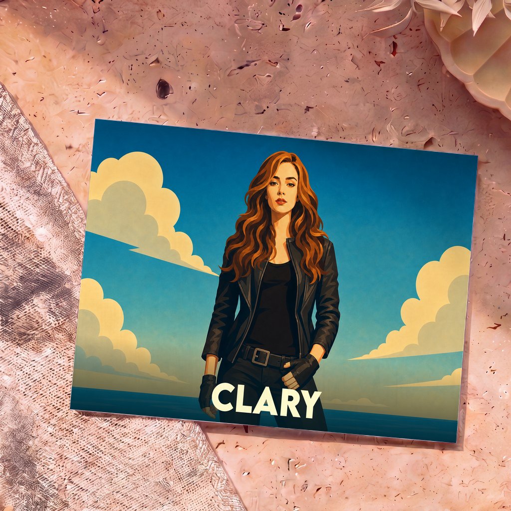 Carte postale souvenir de la ville de Clary avec une illustration stylisée d'une femme rousse.