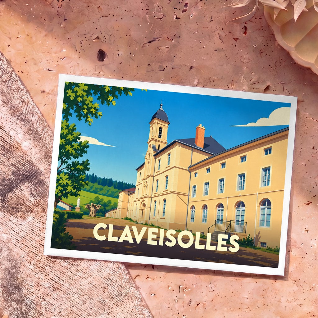 Carte postale souvenir de la ville de Claveisolles avec une illustration stylisée d'un bâtiment historique sous un ciel bleu.