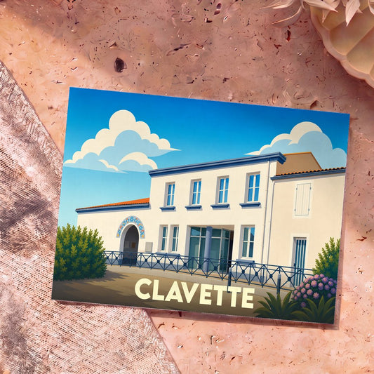 Carte postale souvenir de la ville de Clavette avec une illustration stylisée de sa mairie sous un ciel bleu ensoleillé.