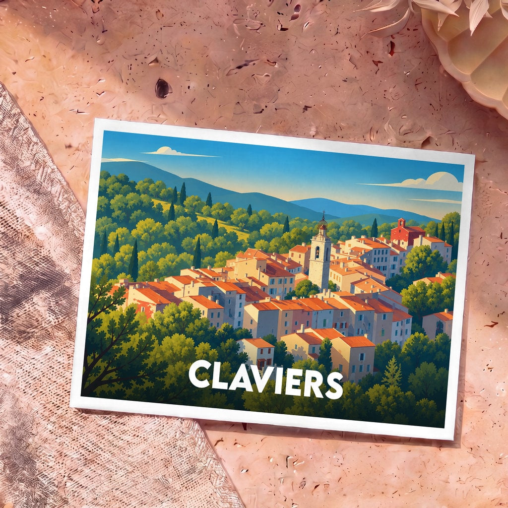 Carte postale souvenir de la ville de Claviers illustrant un village provençal niché dans une forêt vallonnée.