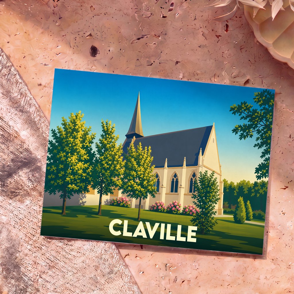 Carte postale souvenir de la ville de Claville avec une illustration stylisée d'une église entourée de verdure.