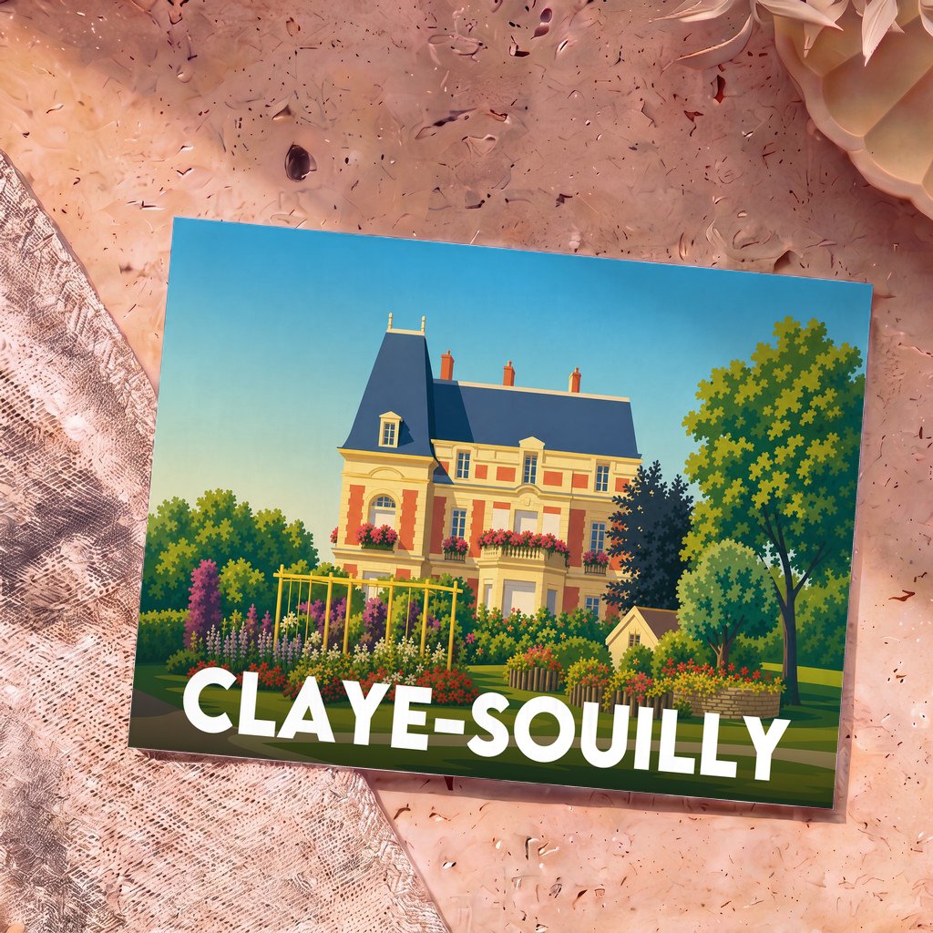 Carte postale souvenir de la ville de Claye-Souilly illustrant une élégante demeure bourgeoise et son jardin fleuri.