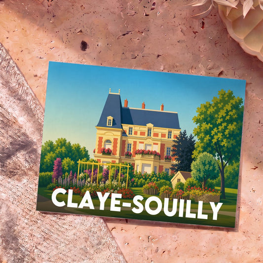 Carte postale souvenir de la ville de Claye-Souilly illustrant une élégante demeure bourgeoise et son jardin fleuri.