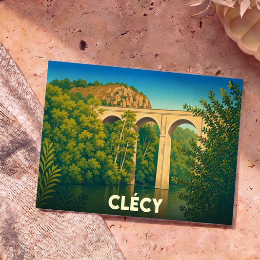 Carte postale souvenir de la ville de Clécy illustrant son viaduc et sa nature verdoyante.