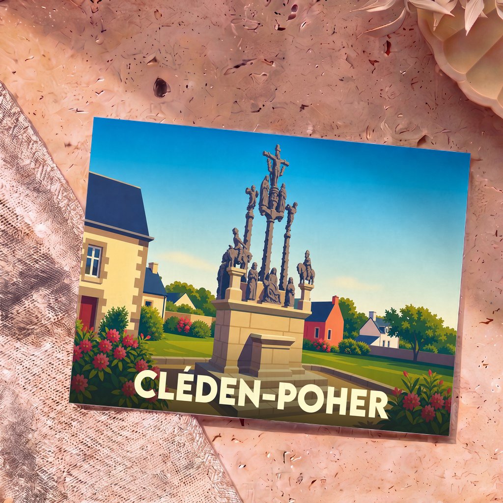 Carte postale souvenir de la ville de Cléden-Poher avec une illustration stylisée de son calvaire monumental.