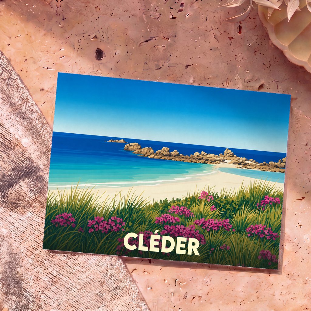 Carte postale souvenir de la ville de Cléder illustrant une plage sauvage bordée de fleurs et de rochers.
