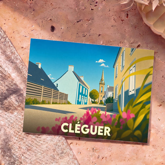 Carte postale souvenir de la ville de Cléguer avec une illustration stylisée de ses rues et de son église.