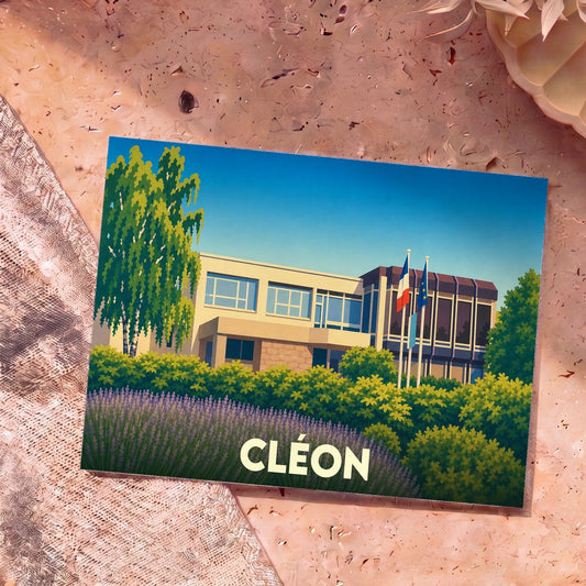Carte postale souvenir de la ville de Cléon avec une illustration stylisée de son hôtel de ville fleuri.
