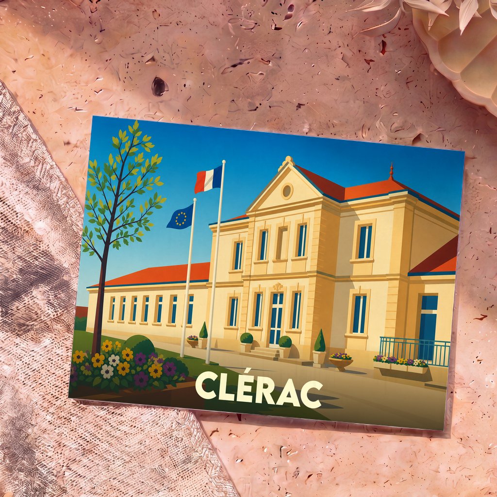Carte postale souvenir de la ville de Clérac avec une illustration stylisée de sa mairie.