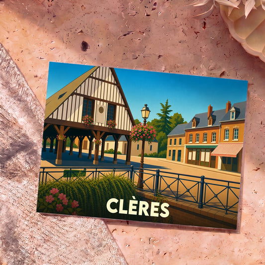 Carte postale souvenir de la ville de Clères avec une illustration stylisée de ses bâtiments à colombages.