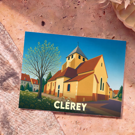 Carte postale souvenir de la ville de Clérey avec une illustration stylisée de son église.