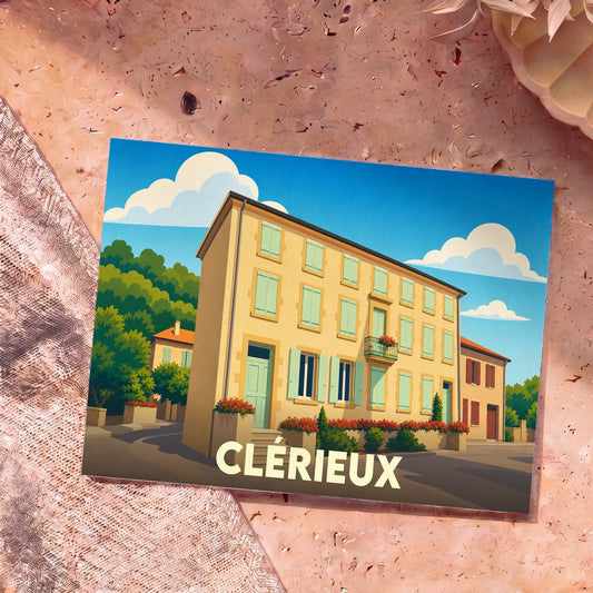 Carte postale souvenir de la ville de Clérieux avec une illustration stylisée d'une bâtisse ensoleillée.