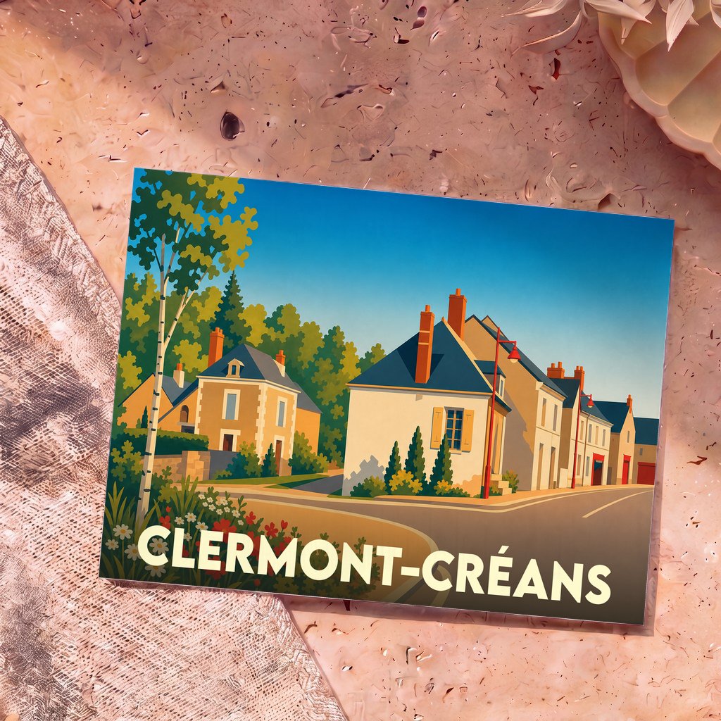 Carte postale souvenir de la ville de Clermont-Créans avec une illustration stylisée de maisons de village.