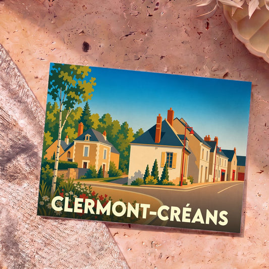 Carte postale souvenir de la ville de Clermont-Créans avec une illustration stylisée de maisons de village.
