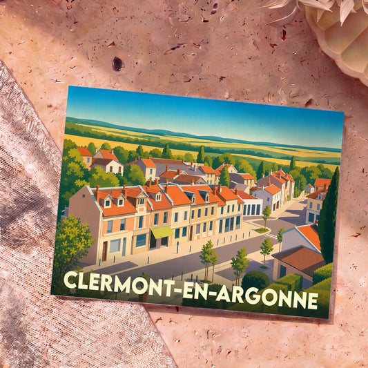 Carte postale souvenir de la ville de Clermont-en-Argonne avec une illustration stylisée de ses maisons aux toits rouges.