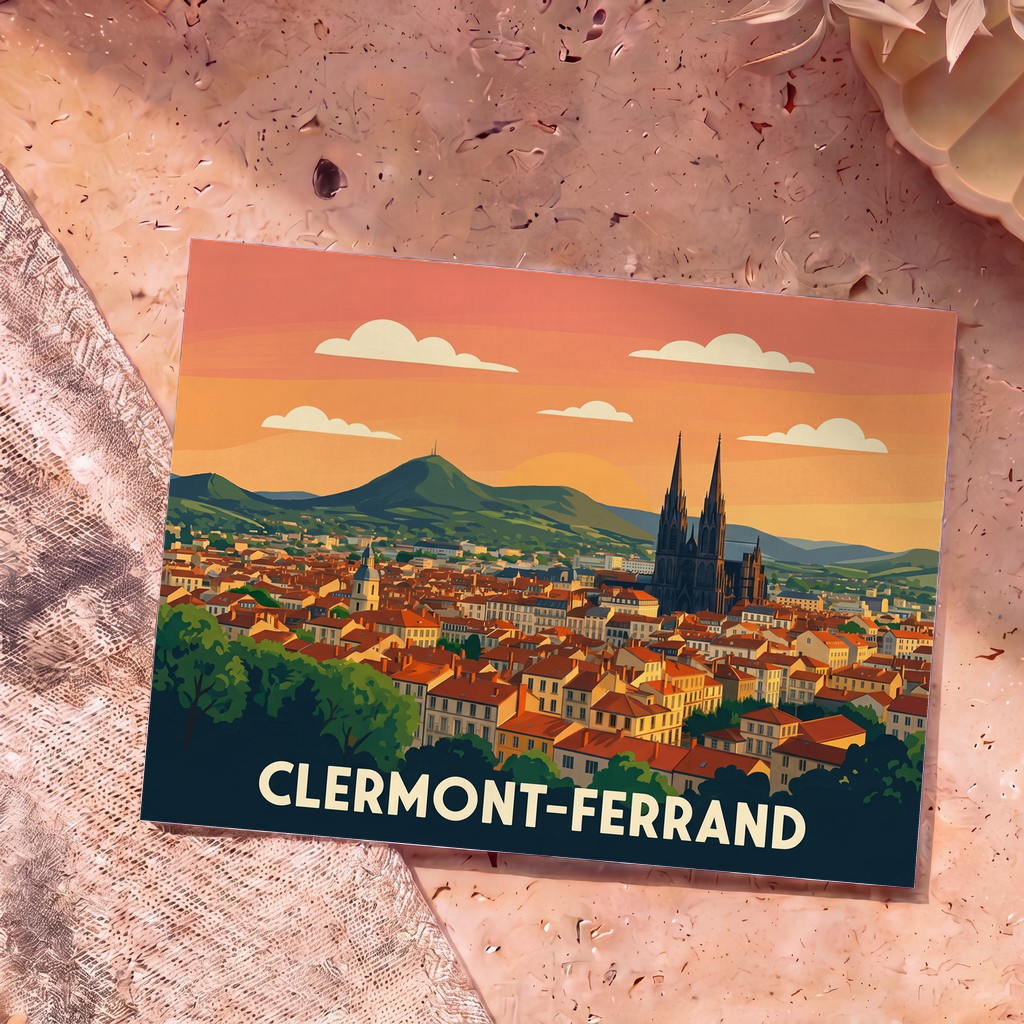 Carte postale souvenir de la ville de Clermont-Ferrand avec une illustration stylisée de son centre historique et de la chaîne des Puys au coucher du soleil.