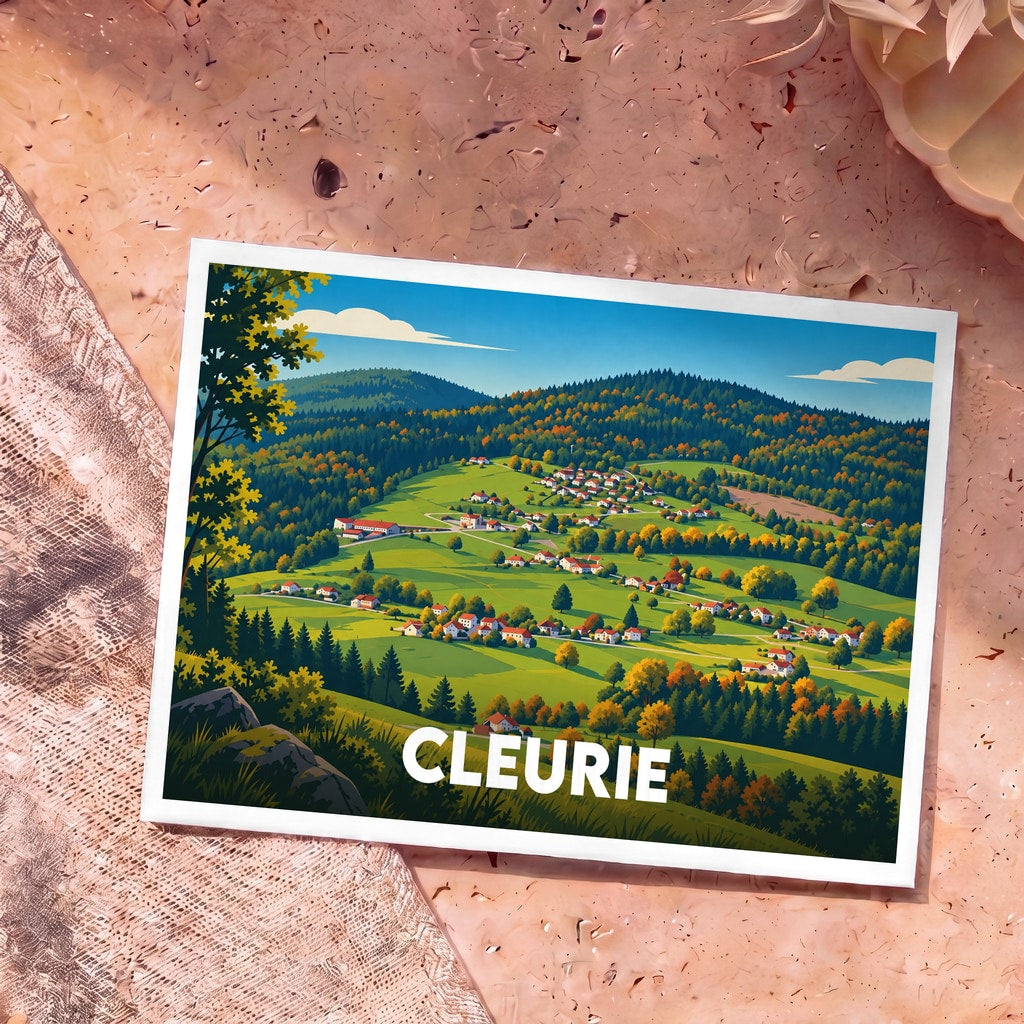 Carte postale souvenir de la ville de Cleurie illustrant un paysage de vallée verdoyante et boisée.