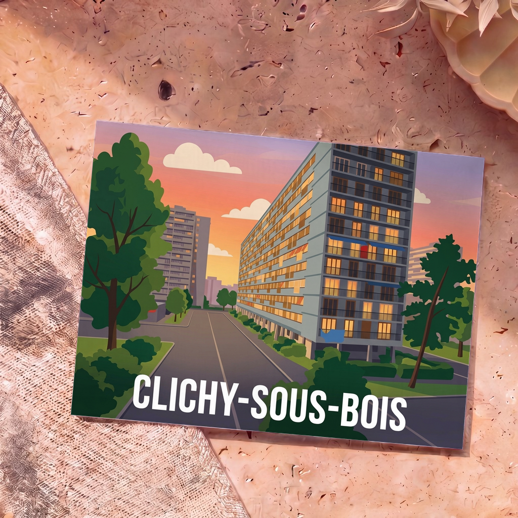 Carte postale souvenir de la ville de Clichy-sous-Bois avec une illustration stylisée de ses grands ensembles au coucher du soleil.