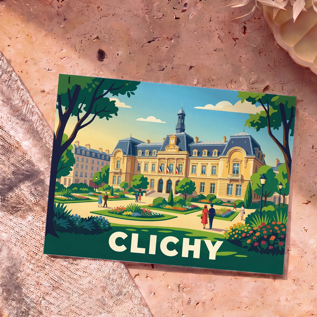 Carte postale souvenir de la ville de Clichy arborant une illustration stylisée de l'hôtel de ville dans un parc fleuri.