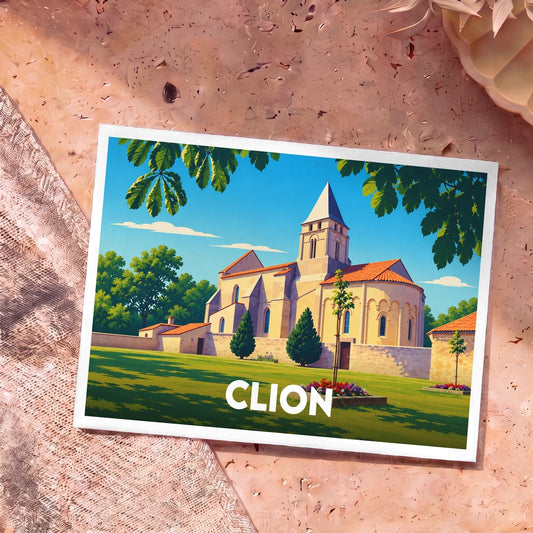 Carte postale souvenir de la ville de Clion avec une illustration stylisée de son église et de son parc.