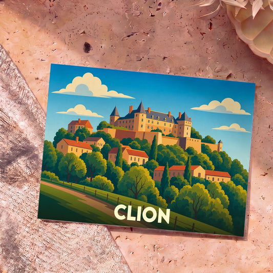 Carte postale souvenir de la ville de Clion avec une illustration stylisée d'un château surplombant un village vallonné.