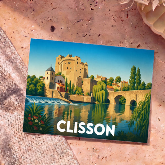 Carte postale souvenir de la ville de Clisson illustrant son château et son pont médiéval dans un style graphique épuré.