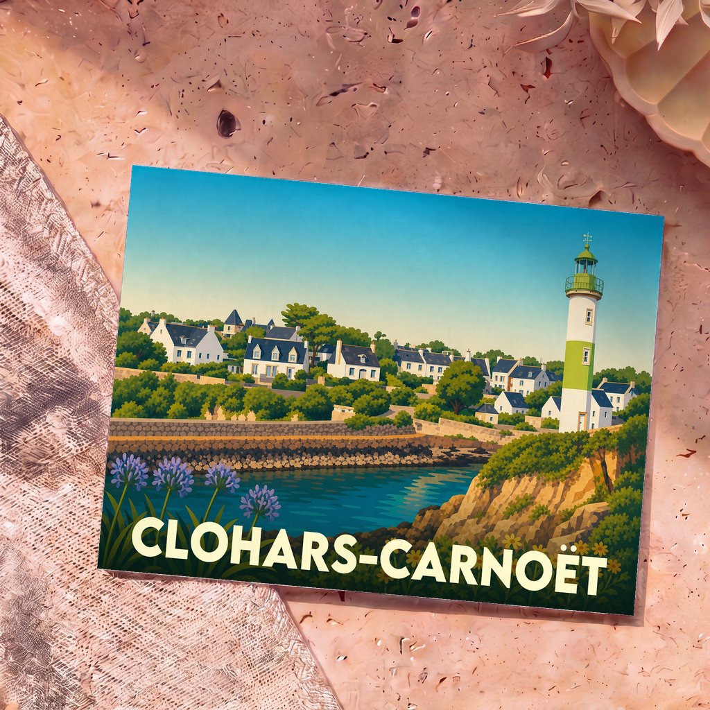 Carte postale souvenir de Clohars-Carnoët illustrant le port et son phare dans un style artistique épuré.
