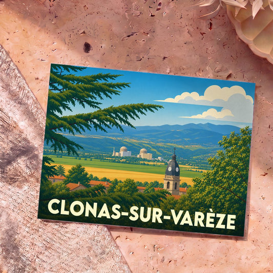 Carte postale souvenir de la ville de Clonas-sur-Varèze avec une illustration stylisée d'un paysage de campagne.