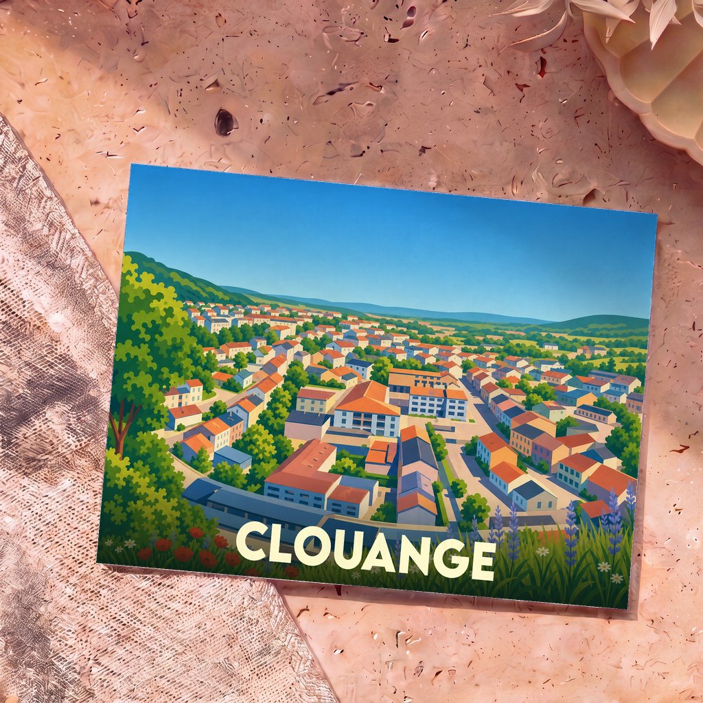 Carte postale souvenir de la ville de Clouange avec une illustration stylisée et colorée.