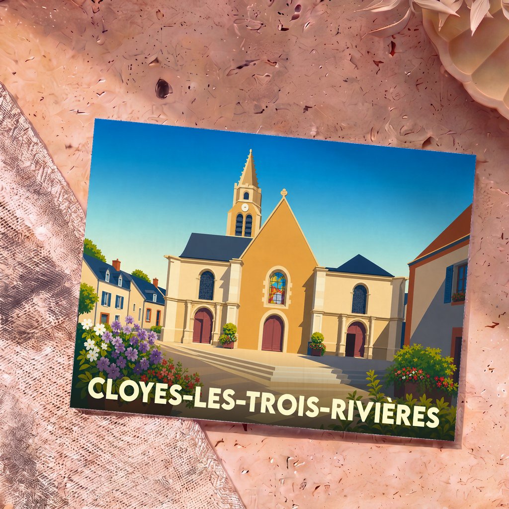 Carte postale souvenir de Cloyes-les-Trois-Rivières illustrant son église dans un style graphique épuré.