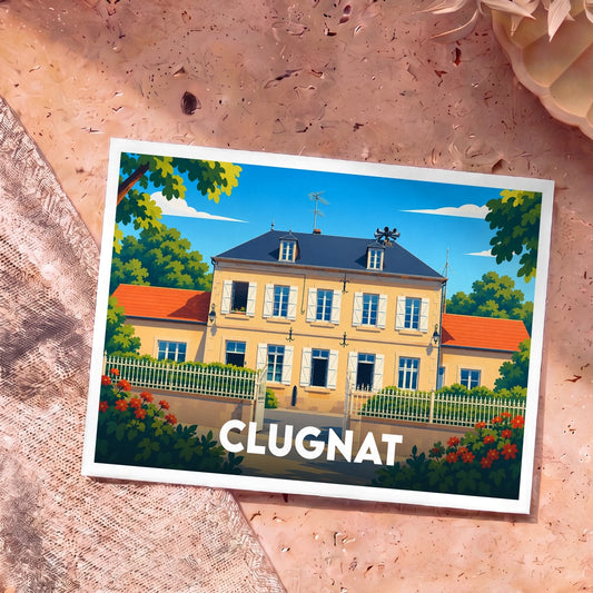 Carte postale souvenir de la ville de Clugnat avec une illustration stylisée d'une grande demeure bourgeoise.