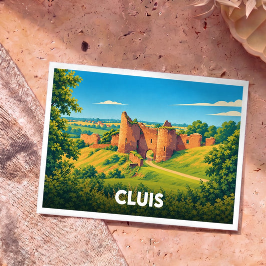 Carte postale souvenir de la ville de Cluis illustrant les ruines stylisées de son château médiéval.