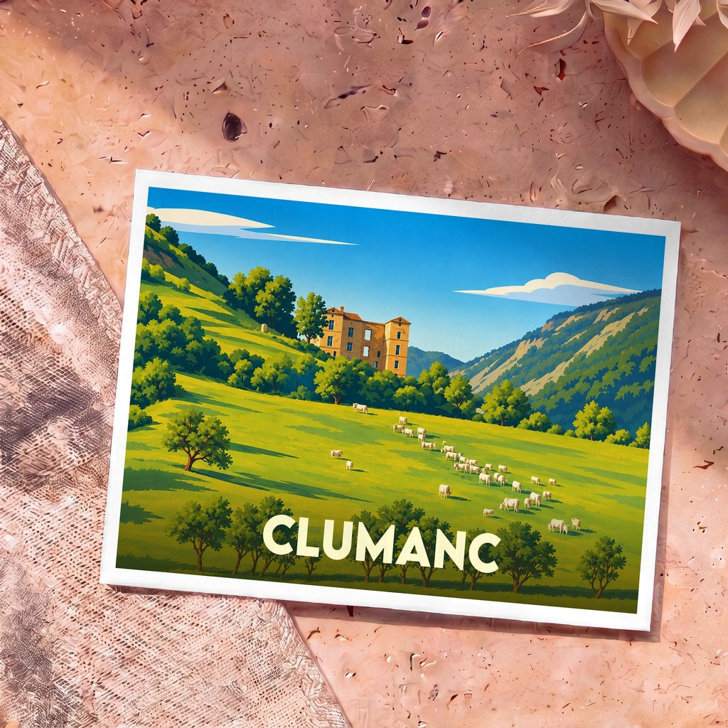 Carte postale souvenir de la ville de Clumanc avec une illustration stylisée d'un paysage de campagne.