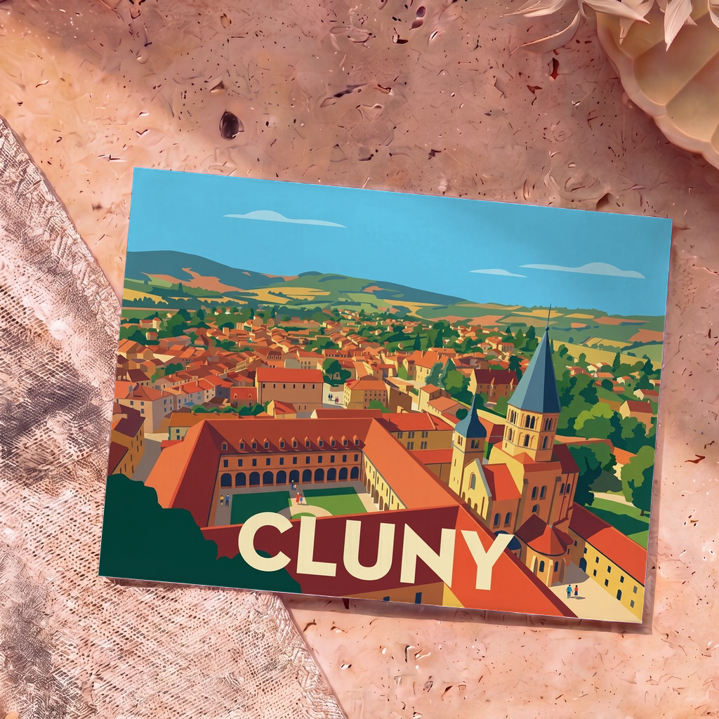 Carte postale souvenir de la ville de Cluny avec une illustration panoramique stylisée de son abbaye et de ses toits.