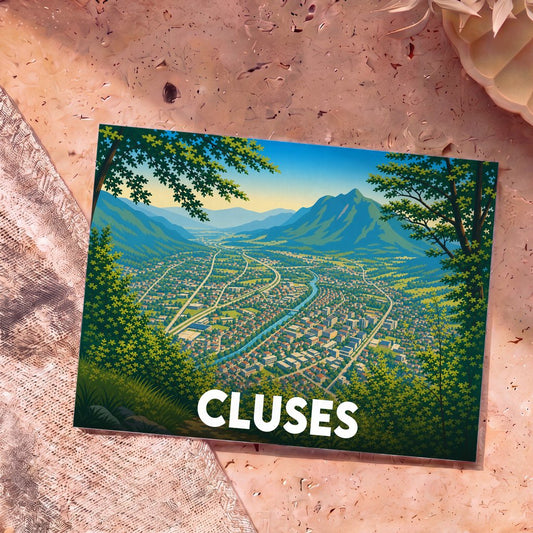 Carte postale souvenir de la ville de Cluses avec une illustration stylisée d'une vue panoramique de la vallée.