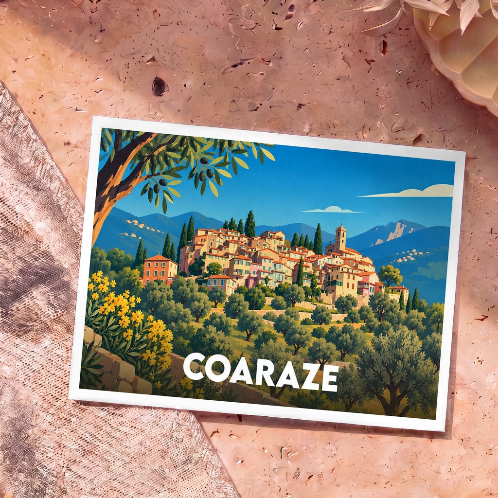 Carte postale souvenir de la ville de Coaraze avec une illustration stylisée et colorée du village perché.