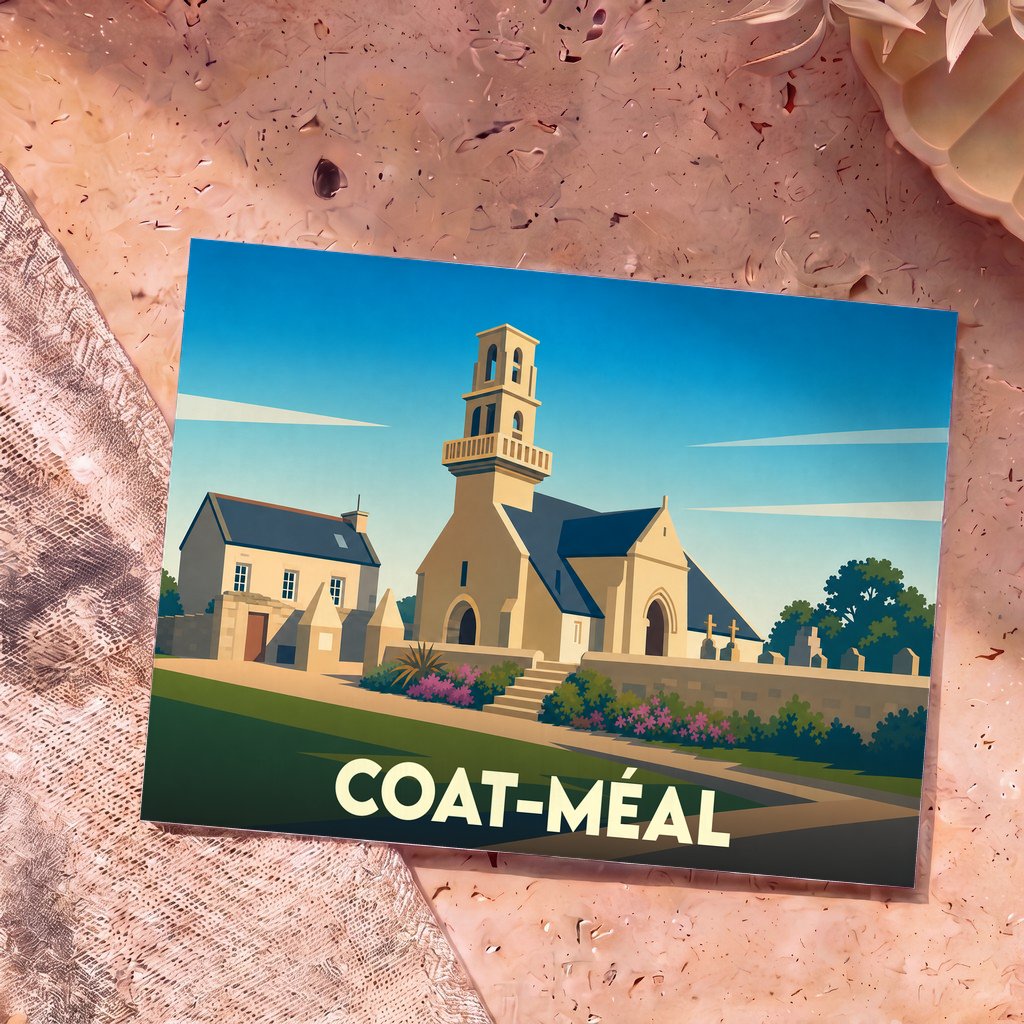 Carte postale souvenir de la ville de Coat-Méal avec une illustration stylisée de son église.