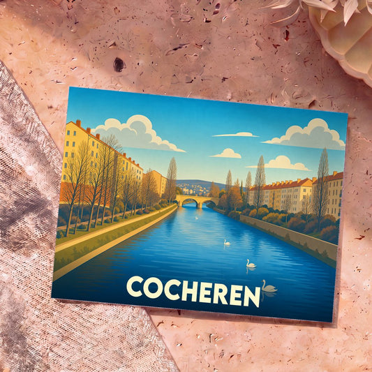 Carte postale souvenir de la ville de Cocheren avec une illustration stylisée représentant un canal traversé par un pont.