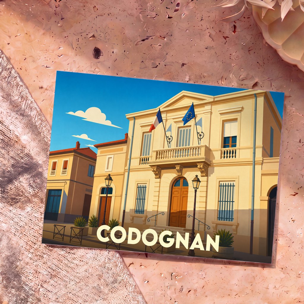 Carte postale souvenir de la ville de Codognan avec une illustration stylisée de son hôtel de ville.