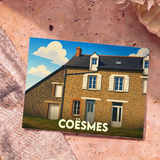 Carte postale souvenir de la ville de Coësmes représentant une maison traditionnelle en pierre sous un ciel nuageux.