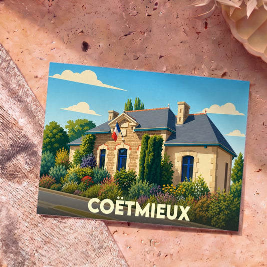 Carte postale souvenir de la ville de Coëtmieux avec une illustration stylisée de sa mairie fleurie.