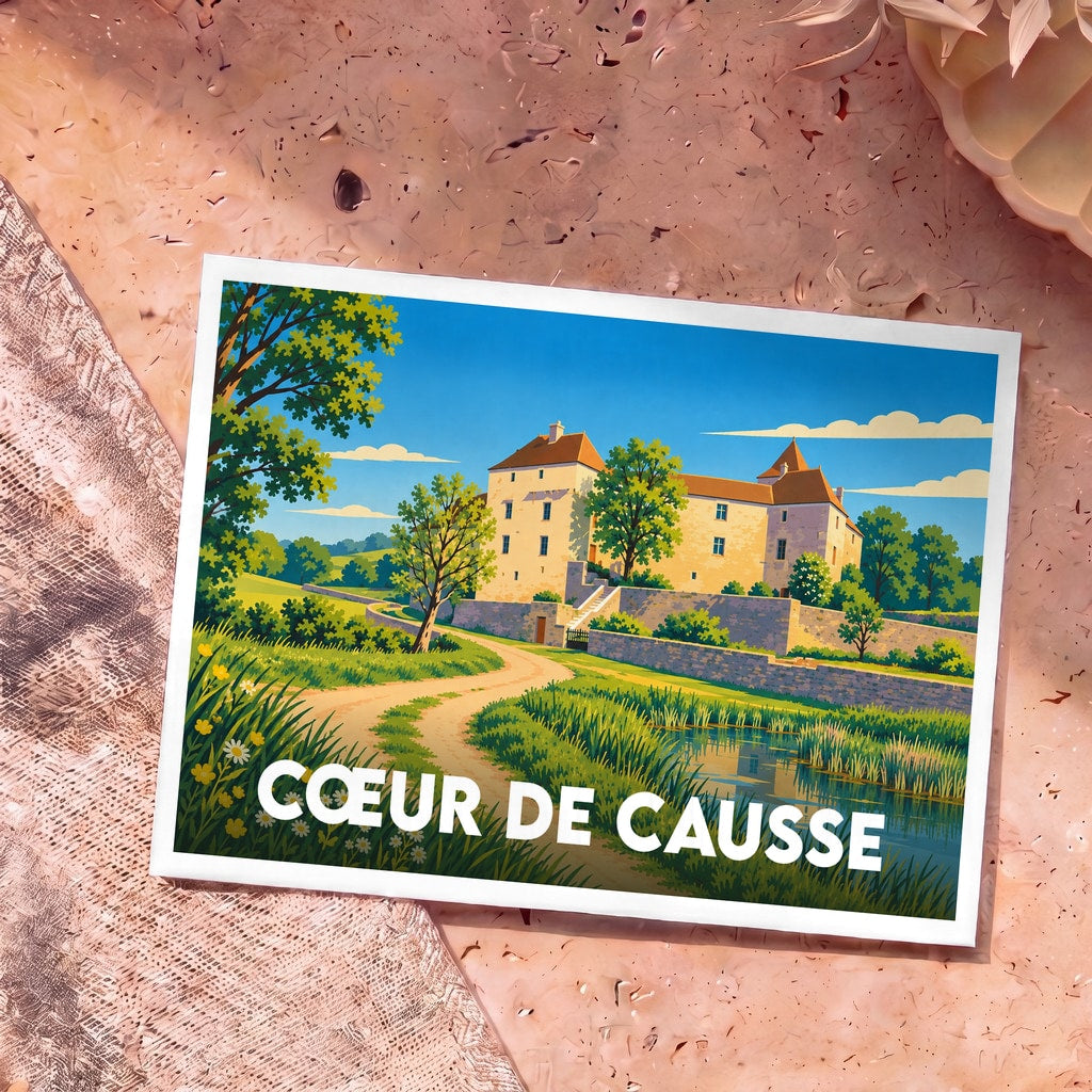 Carte postale souvenir de la ville de Cœur de Causse avec une illustration stylisée de son patrimoine architectural et paysager.