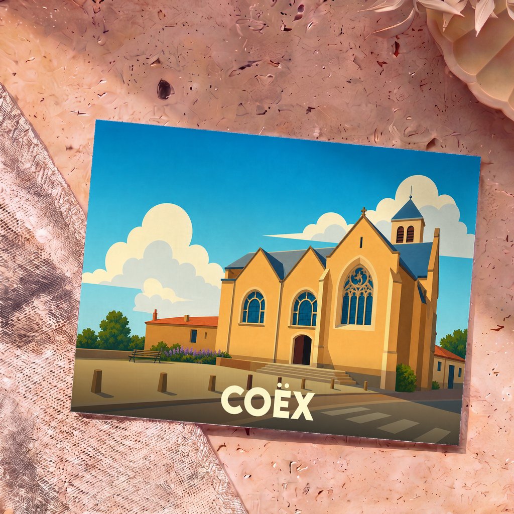 Carte postale souvenir de la ville de Coëx avec une illustration stylisée de son église sous un ciel azur.