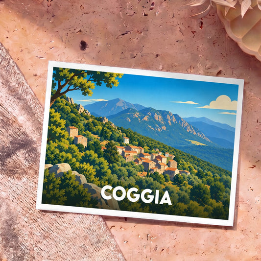 Carte postale souvenir de la ville de Coggia avec une illustration stylisée d'un village corse niché dans la montagne.